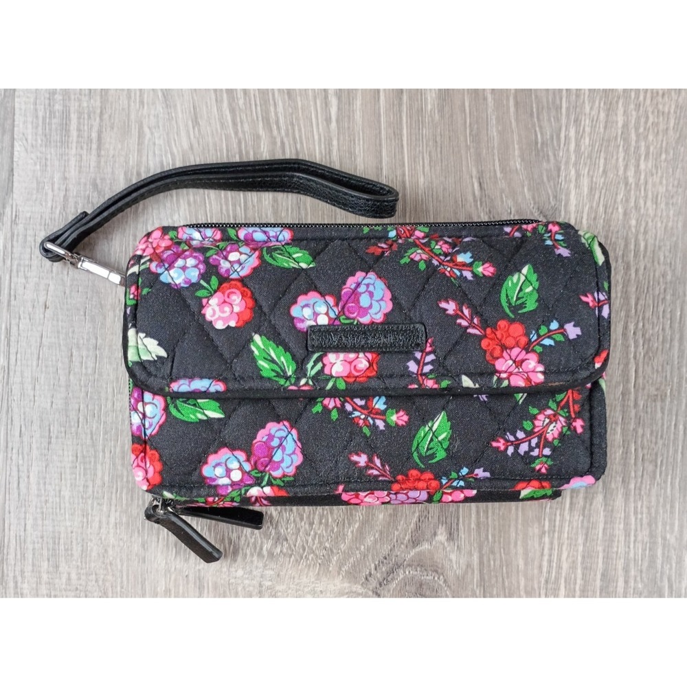 Vera Bradley Wallet RFID Combo Wristlet Quilted Black Floral Snap Zip Strap